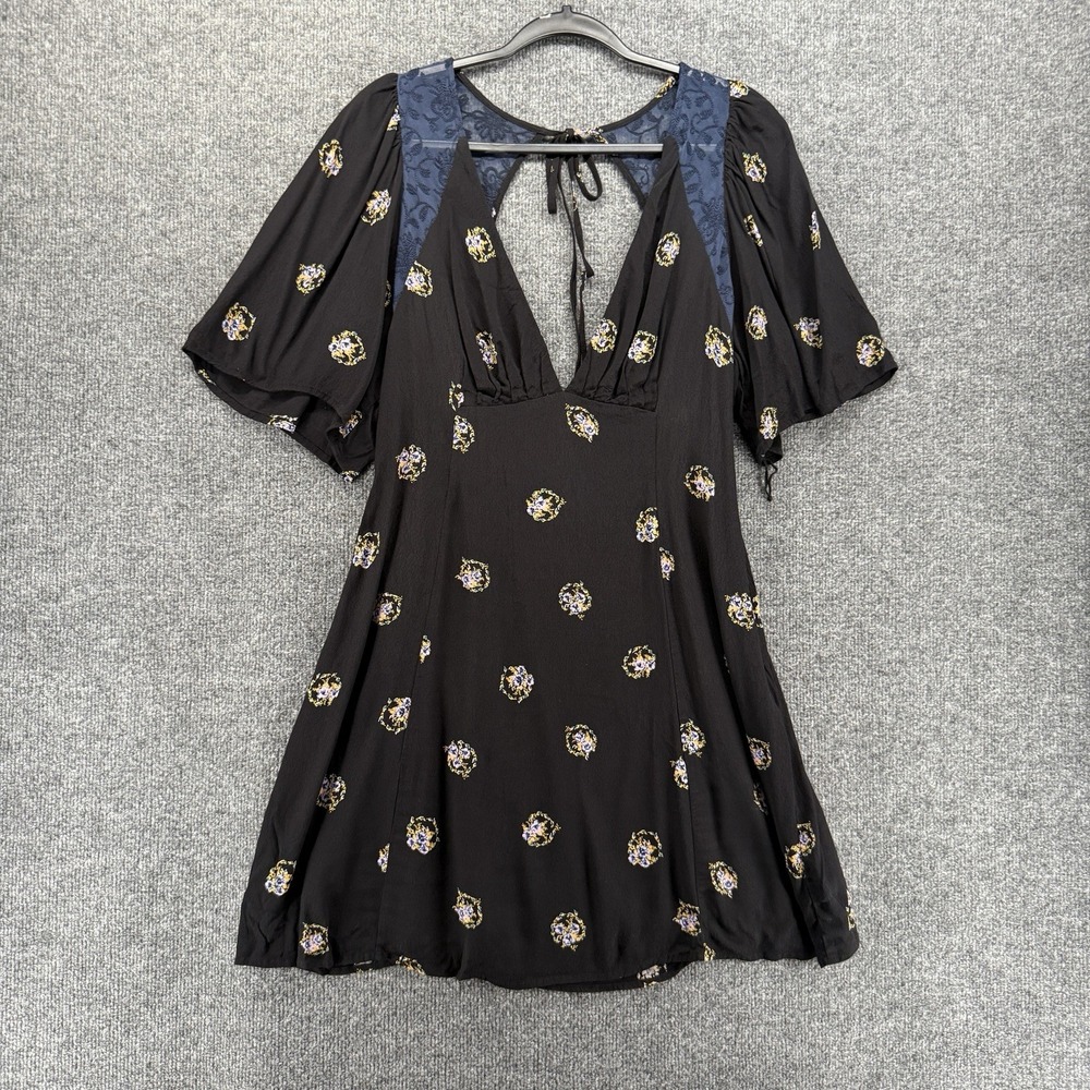 Free People Dress Womens 12 Black Floral V-Neck A-Line Boho Cottage Dark Fairy